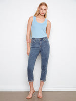 WOMEN'S JEANS | EMBROIDERED CUFF CROPPED SLIM LEG-Denim-CHARLIE B-2-MEDIUM BLUE-Coriander