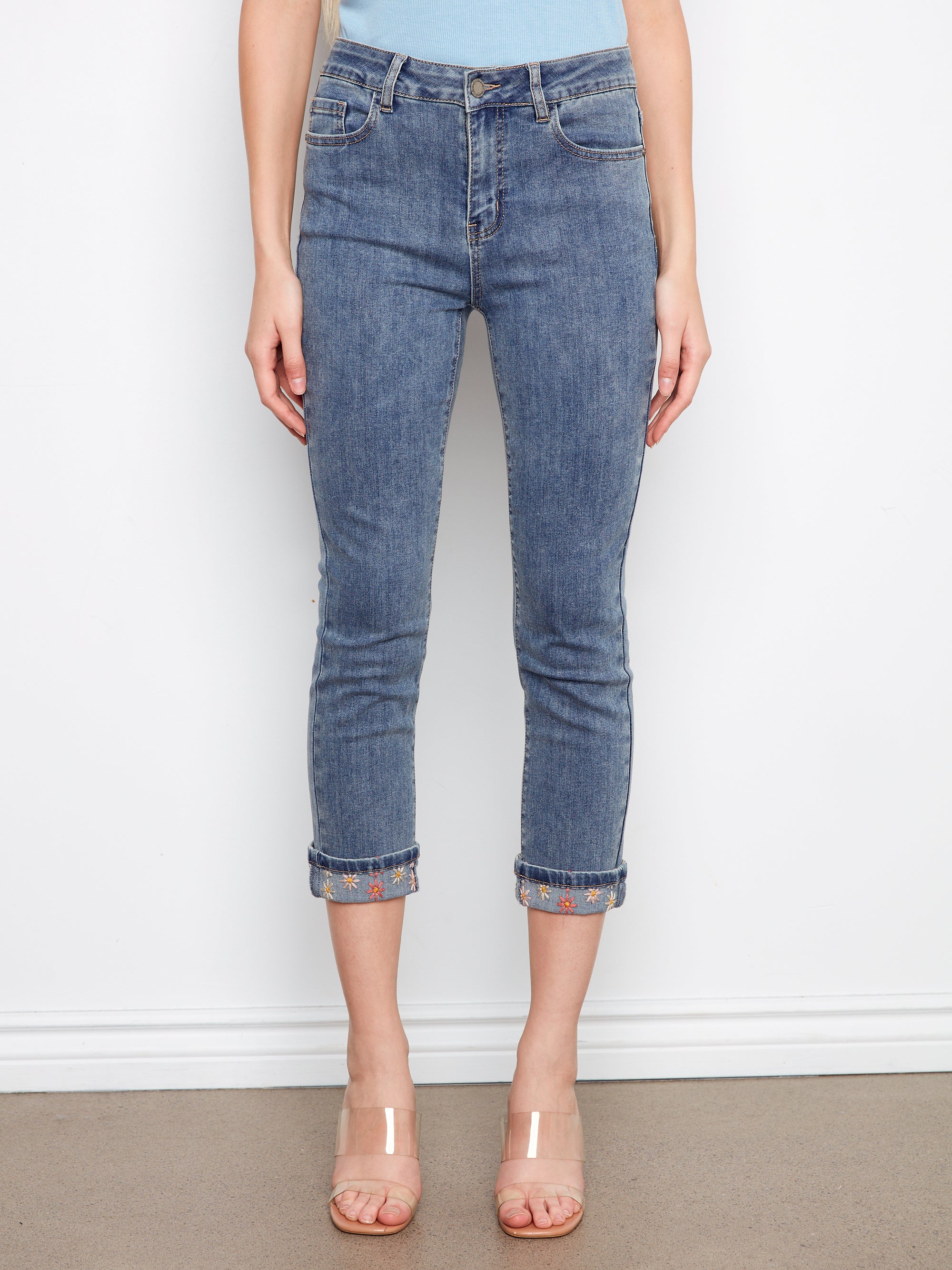 WOMEN'S JEANS | EMBROIDERED CUFF CROPPED SLIM LEG-Denim-CHARLIE B-Coriander