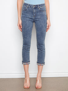 WOMEN'S JEANS | EMBROIDERED CUFF CROPPED SLIM LEG-Denim-CHARLIE B-Coriander