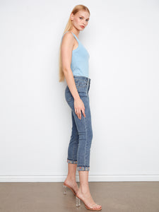WOMEN'S JEANS | EMBROIDERED CUFF CROPPED SLIM LEG-Denim-CHARLIE B-Coriander