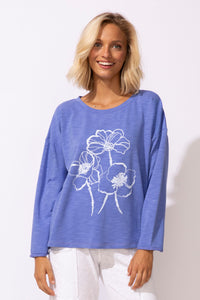 WOMEN'S L/S TEE | SKETCHED BLOOMS PULLOVER-Tops-ESCAPE-SMALL-BAJA BLUE-Coriander