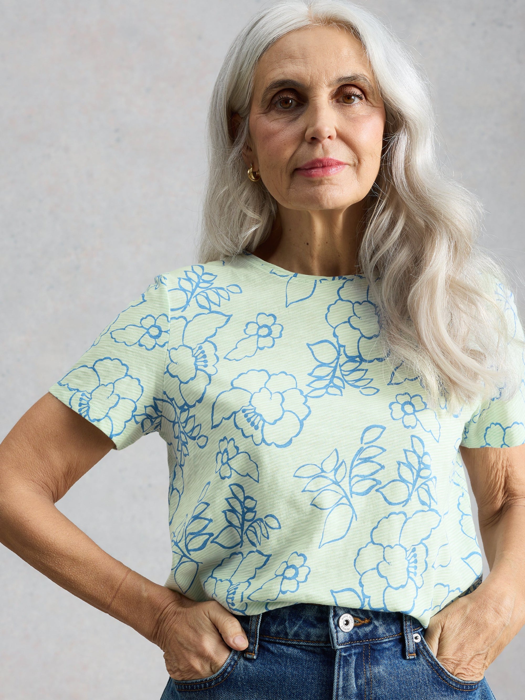 WOMEN'S S/S TEE | ABBIE FLORAL STRIPE-Top-WHITE STUFF-Coriander