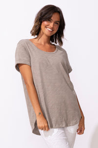 WOMEN'S TEE | CUFF SLEEVE HIGH-LO TEE-Tops-ESCAPE-SMALL-FOG-Coriander