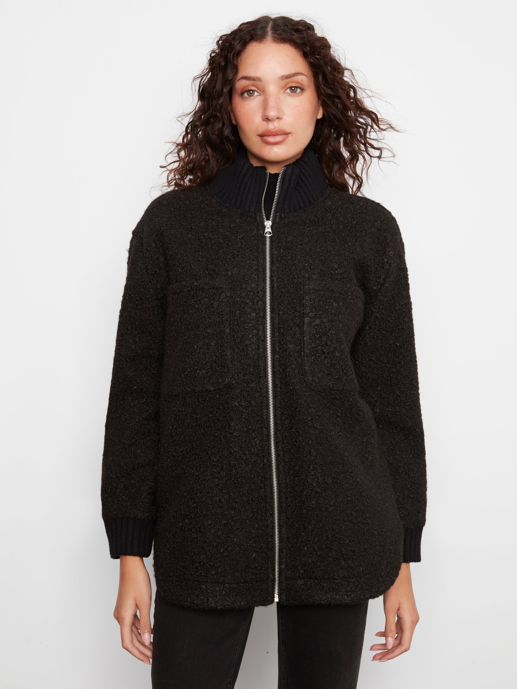 ZIP FRONT JACKET | BOUCLE-Jackets & Sweaters-CHARLIE B-SMALL-Black-Coriander