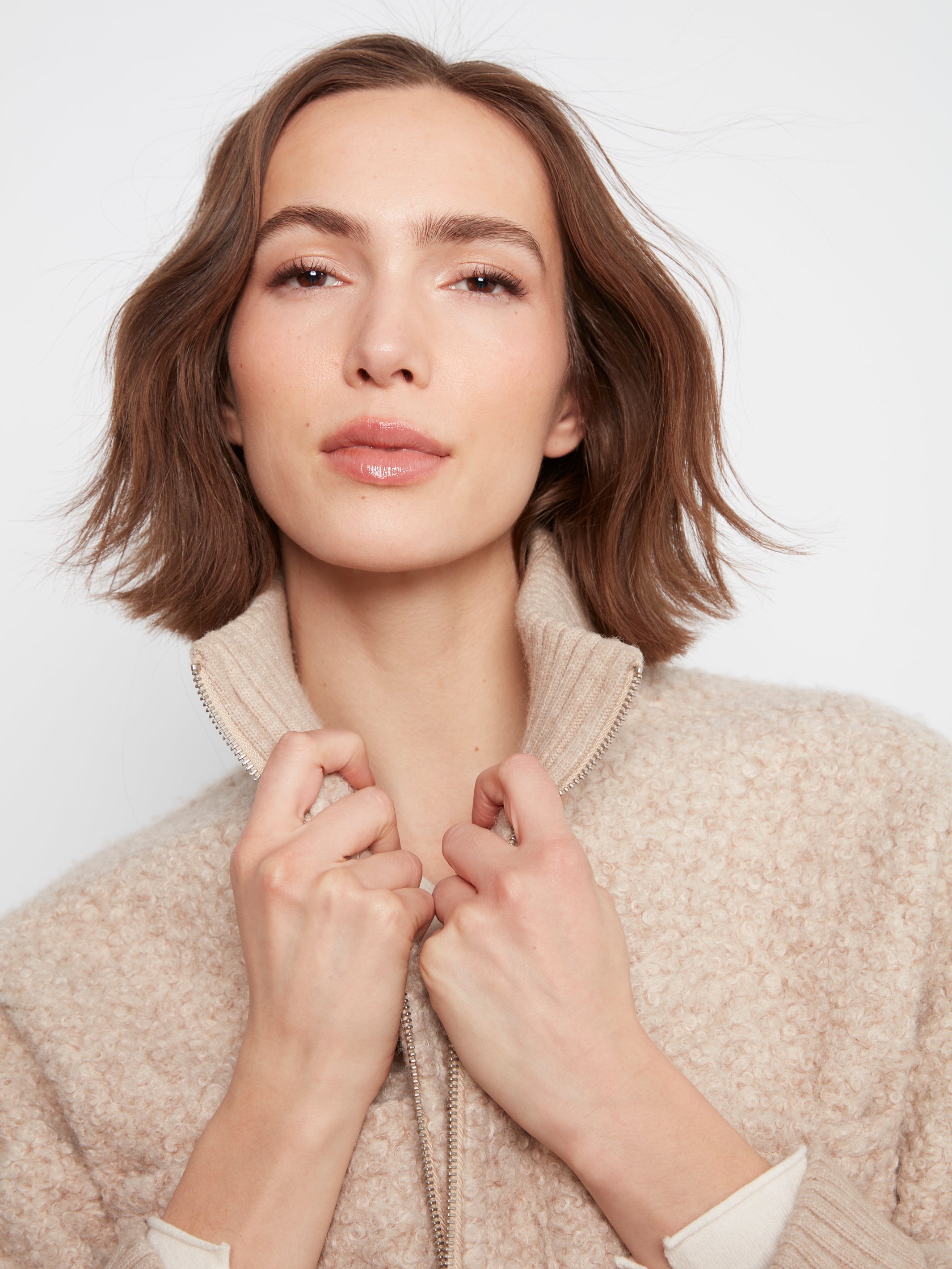 ZIP FRONT JACKET | BOUCLE: HEATHERED ALMOND-Jackets & Sweaters-CHARLIE B-Coriander