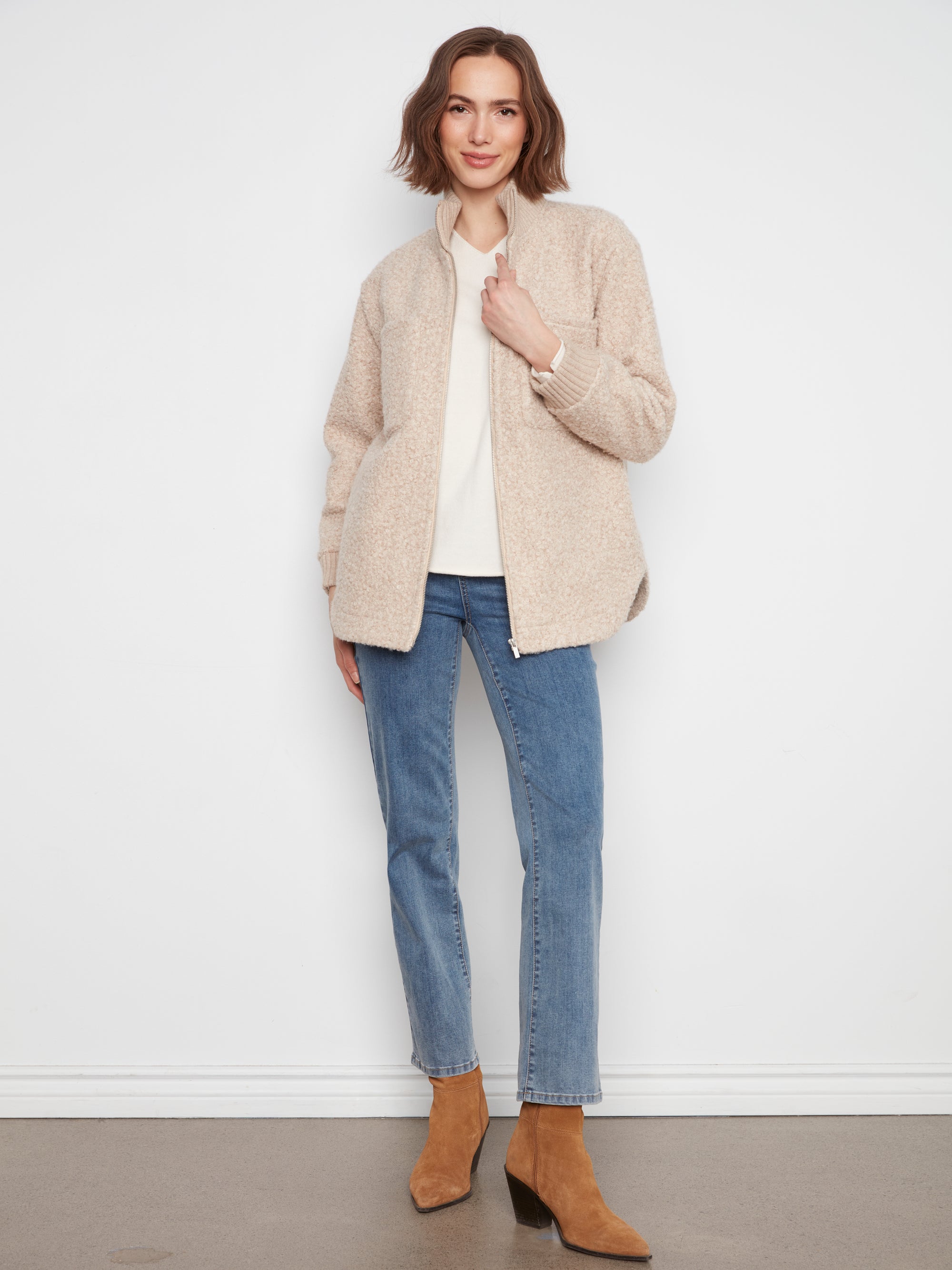 ZIP FRONT JACKET | BOUCLE: HEATHERED ALMOND-Jackets & Sweaters-CHARLIE B-Coriander
