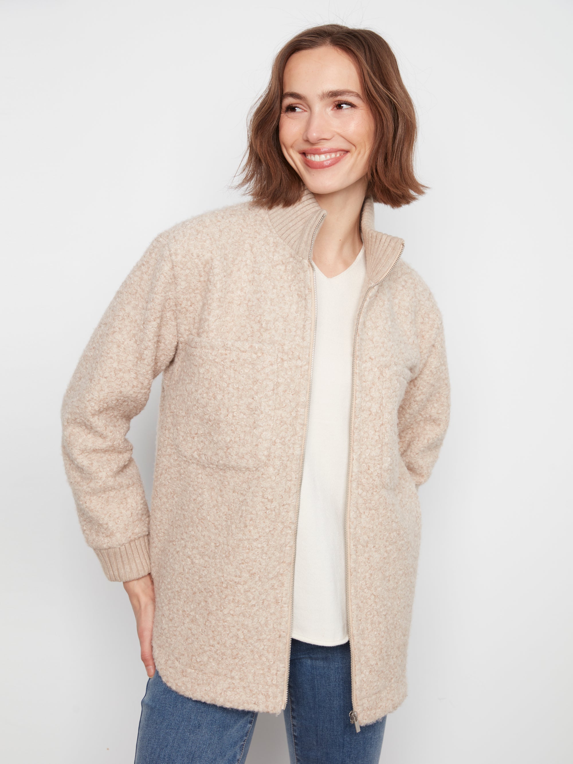 ZIP FRONT JACKET | BOUCLE: HEATHERED ALMOND-Jackets & Sweaters-CHARLIE B-Coriander