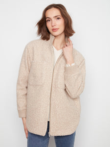 ZIP FRONT JACKET | BOUCLE: HEATHERED ALMOND-Jackets & Sweaters-CHARLIE B-SMALL-HEATHER ALMOND-Coriander