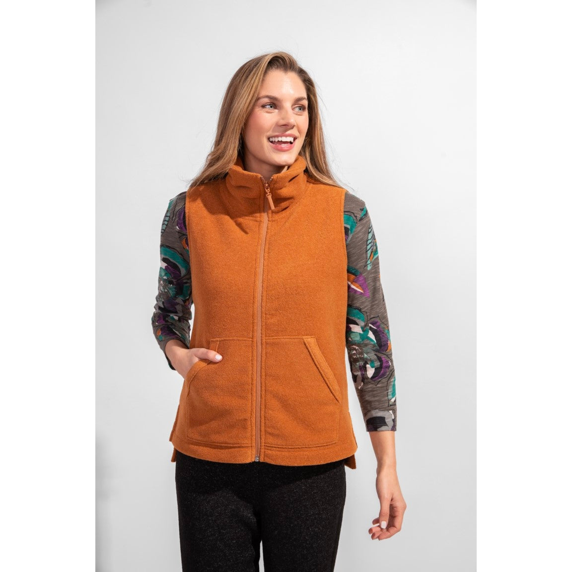 ZIP STAND UP COLLAR VEST - SPICE-Jackets & Sweaters-ESCAPE-SMALL-SPICE-Coriander