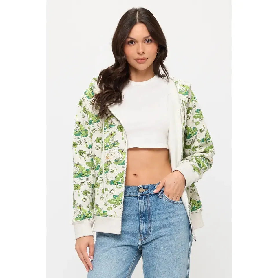 ZIP UP HOODIE | LILY PADS AND FROGS-Jackets & Sweaters-SM WARDROBE-Coriander