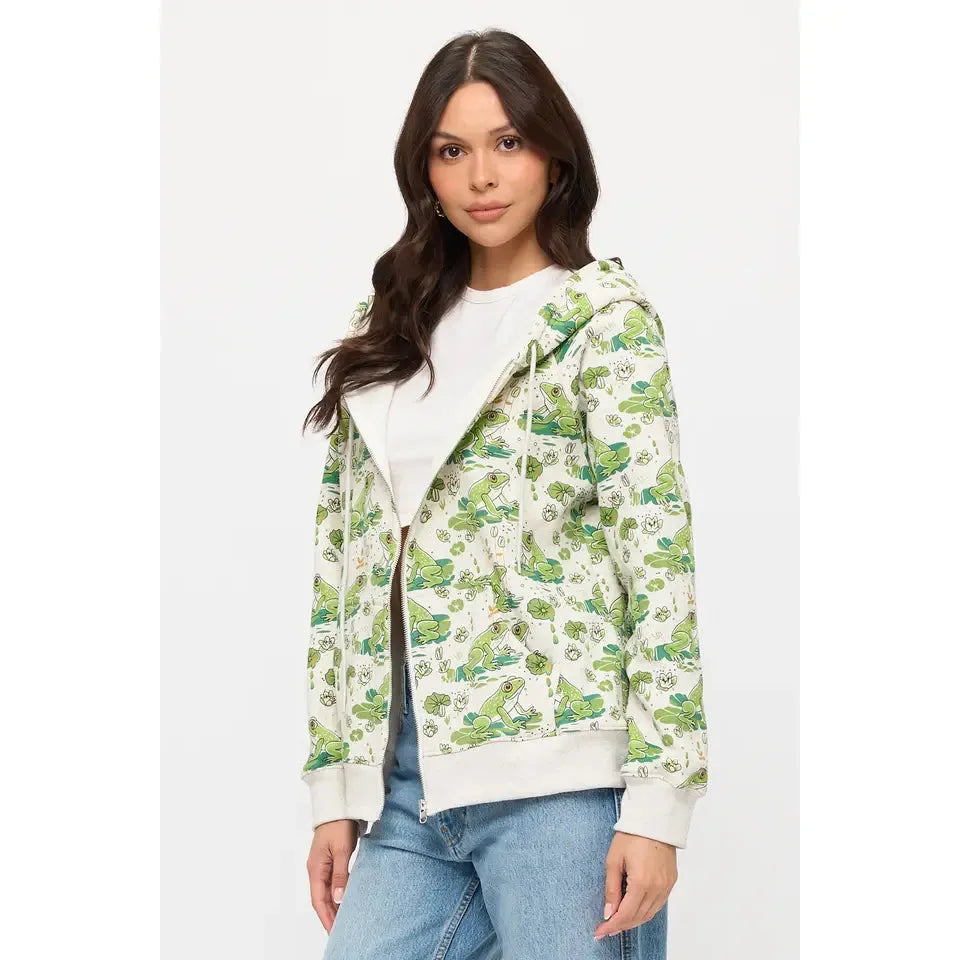 ZIP UP HOODIE | LILY PADS AND FROGS-Jackets & Sweaters-SM WARDROBE-Coriander