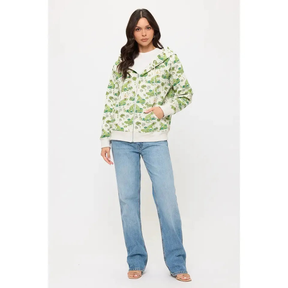 ZIP UP HOODIE | LILY PADS AND FROGS-Jackets & Sweaters-SM WARDROBE-Coriander