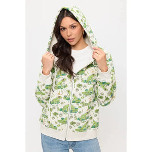 ZIP UP HOODIE | LILY PADS AND FROGS-Jackets & Sweaters-SM WARDROBE-SMALL-Coriander