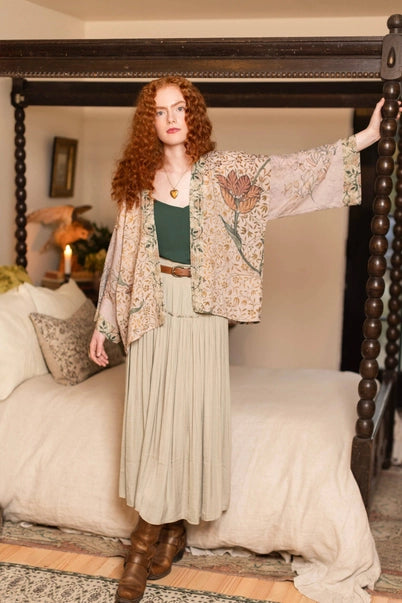 PIXIE DUSTER CROPPED KIMONO | FOLKLORE with BIRD of PEACE-Jackets & Sweaters-MARKET OF STARS-Coriander