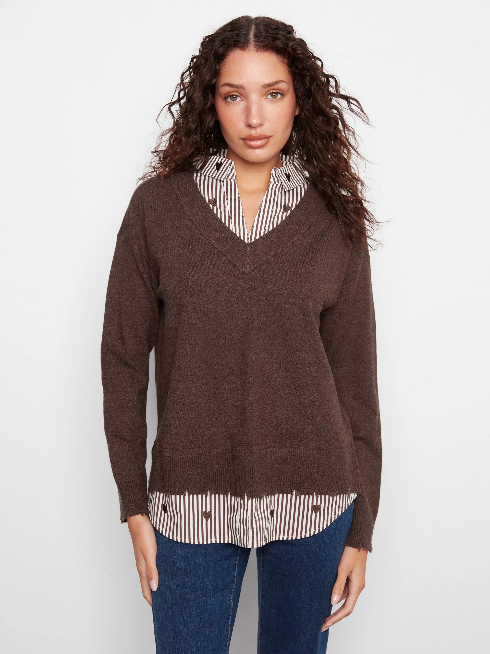 FOOLER SWEATER | V-NECK: COFFEE-Jackets & Sweaters-CHARLIE B-Coriander