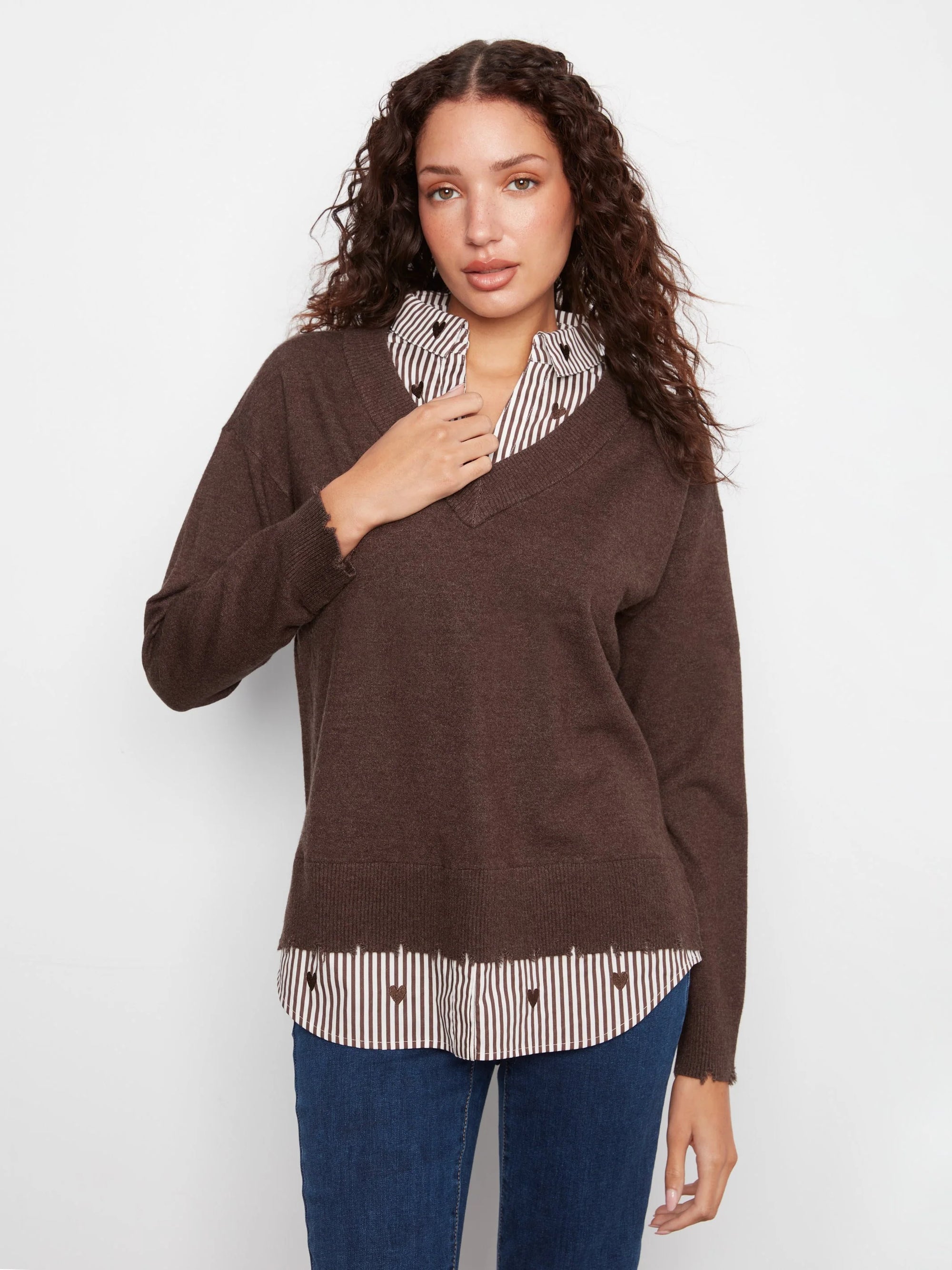 FOOLER SWEATER | V-NECK: COFFEE-Jackets & Sweaters-CHARLIE B-Coriander