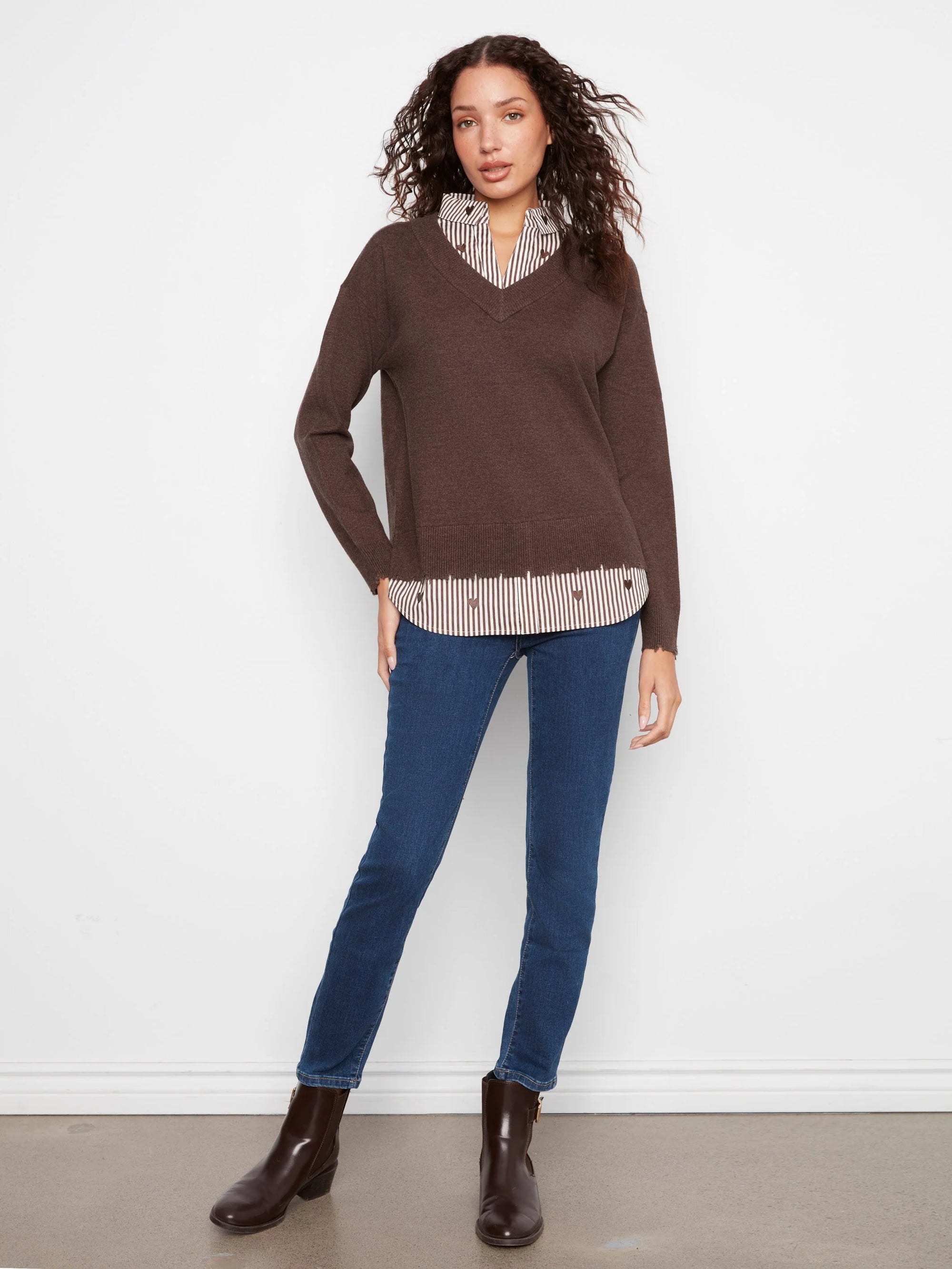 FOOLER SWEATER | V-NECK: COFFEE-Jackets & Sweaters-CHARLIE B-Coriander