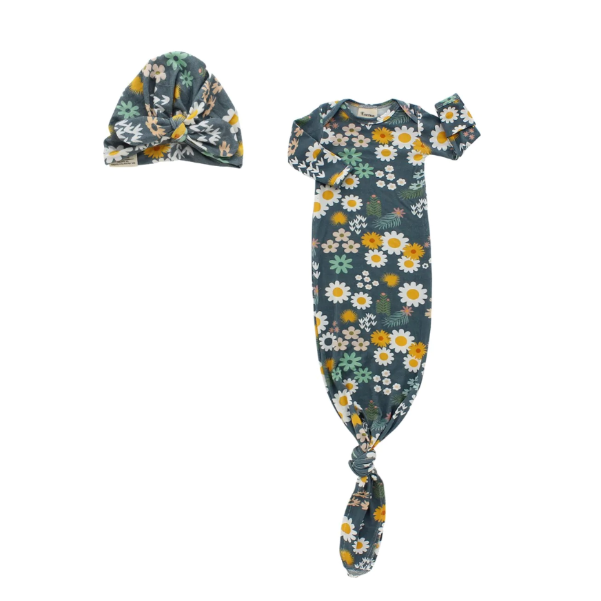 BLUE DAISY BAMBOO GOWN + CAP GIFT SET-Gift Set-EMERSON AND FRIENDS-Coriander