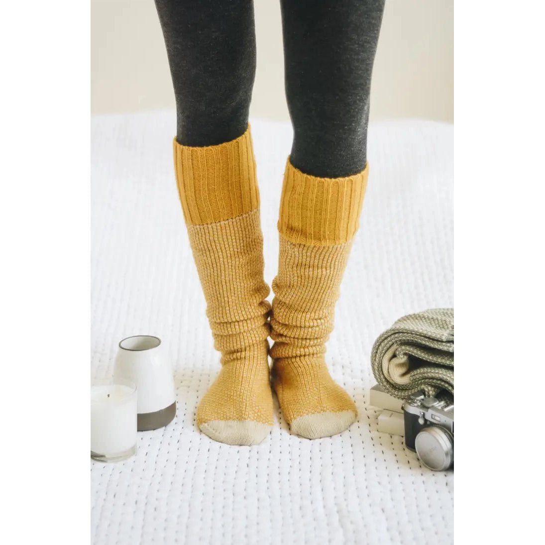 OPEN WORK TWO-TONE LOUNGE SOCKS-socks-LETO ACCESSORIES-ONE-MUSTARD-Coriander