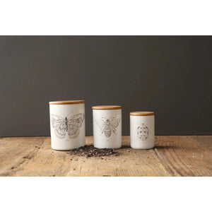 STONEWARE CANISTER WITH BEE-Home Decor-CREATIVE COOP-Coriander