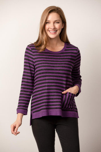 STRIPED FLEECE HI LO TOP-Sweaters Pullover-HABITAT-XSMALL-AMETHYST-Coriander