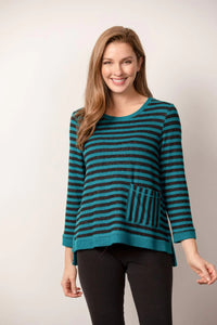 STRIPED FLEECE HI LO TOP-Sweaters Pullover-HABITAT-XSMALL-TEAL-Coriander