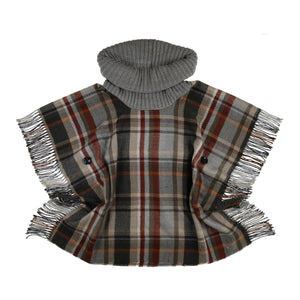 TARTAN COWL NECK SIDE FRINGE PONCHO-Poncho-V. FRAAS-GREY-Coriander