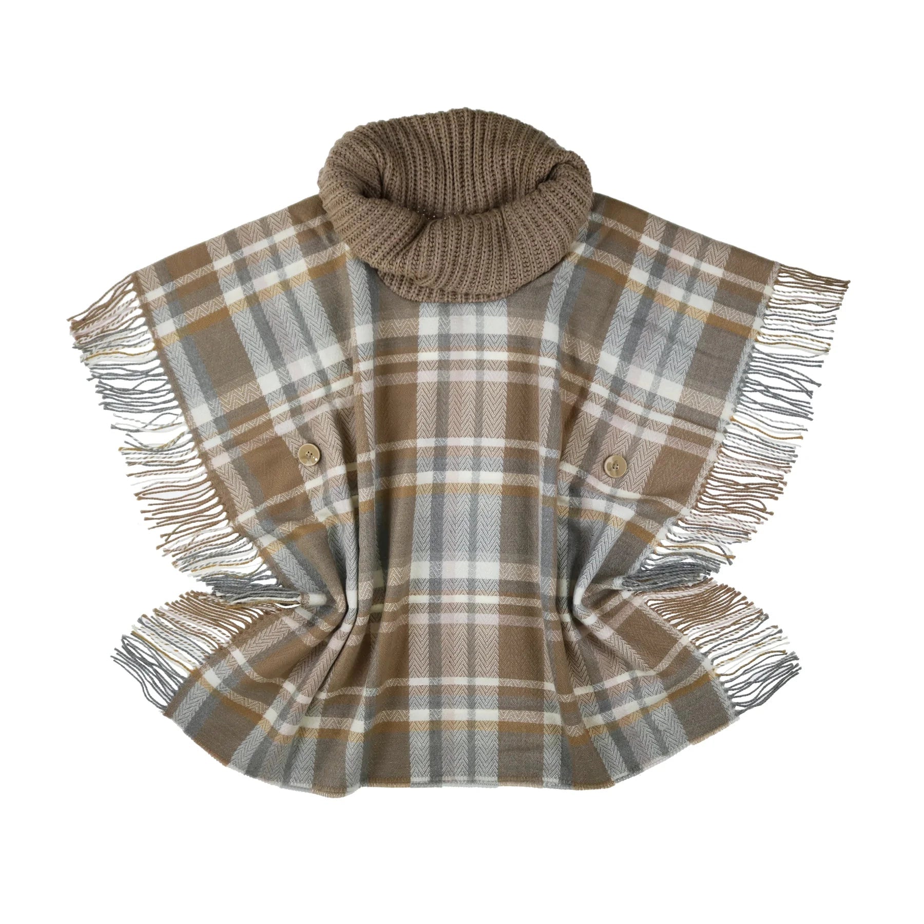 TARTAN COWL NECK SIDE FRINGE PONCHO-Poncho-V. FRAAS-LIGHT GREY-Coriander