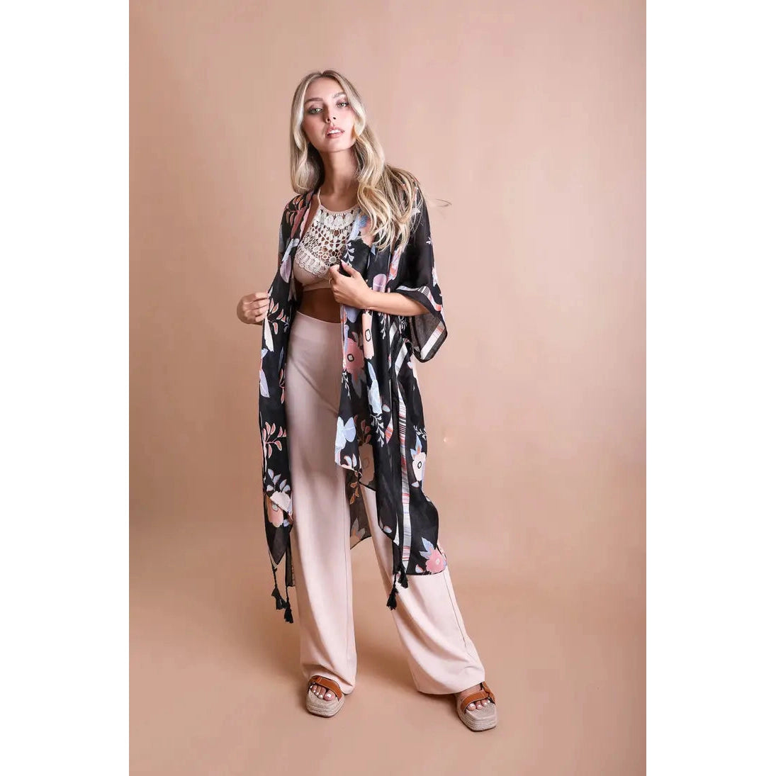 WALLFLOWER BLOOM KIMONO WITH TASSELS-Scarves & Wraps-LETO ACCESSORIES-ONE-Black-Coriander